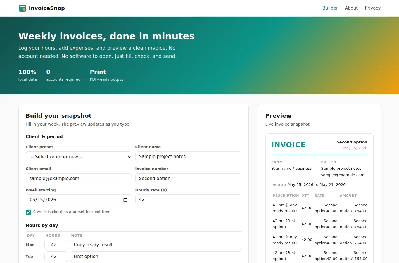 Screenshot of InvoiceSnap: Weekly Invoice Snapshot Builder interface showing the project page in use